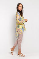 Yellow combo floral chiffon blouse for women with a button-up front, long sleeves, and a flowy high-low hem. Lightweight and elegant, perfect for layering and spring outfits.