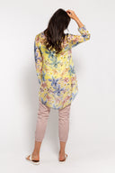 Yellow combo floral chiffon blouse for women with a button-up front, long sleeves, and a flowy high-low hem. Lightweight and elegant, perfect for layering and spring outfits.