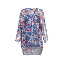 Blue floral chiffon blouse for women with a button-up front, long sleeves, and a flowy high-low hem. Lightweight and elegant, perfect for layering and spring outfits.