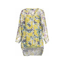 Yellow floral chiffon blouse for women with a button-up front, long sleeves, and a flowy high-low hem. Lightweight and elegant, perfect for layering and spring outfits.