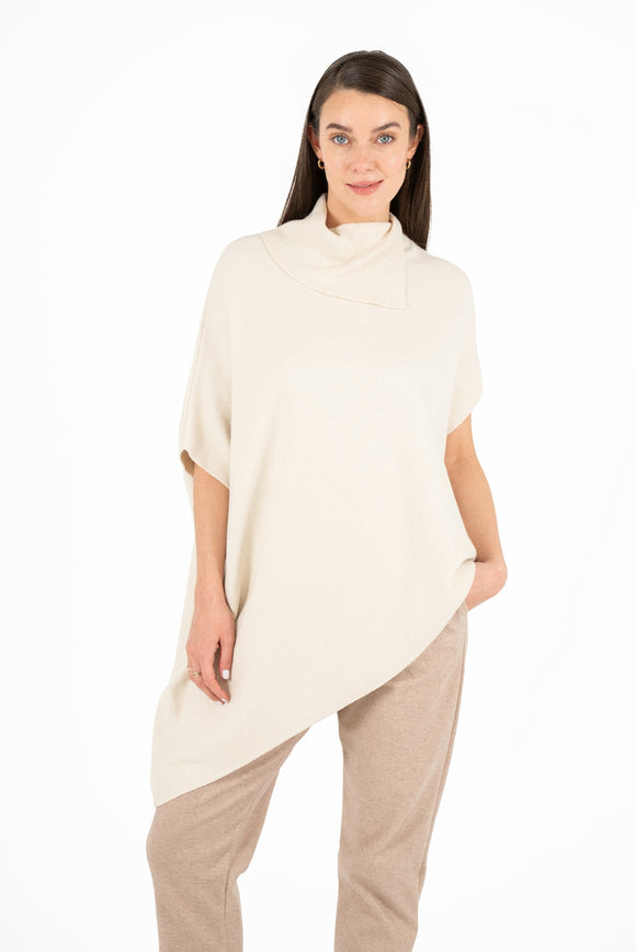 Oversized Double-Knit Open Turtle-Neck Poncho