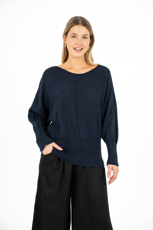 Boat-Neck Knit Sweater With Pointelle Detailing