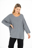 Wide-Neck Tunic Length Knit Sweater With 3/4 Sleeves