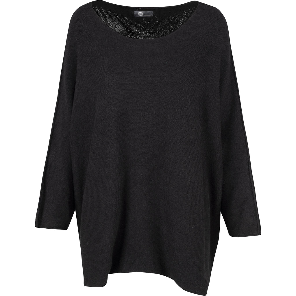 Wide-Neck Tunic Length Knit Sweater With 3/4 Sleeves