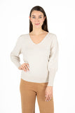 V-Neck Knit Sweater With Gathers At Sleeves