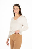 V-Neck Knit Sweater With Gathers At Sleeves