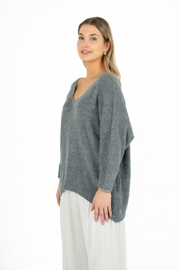 V-Neck Knit Sweater With Dropped Shoulder And Bat-Sleeves