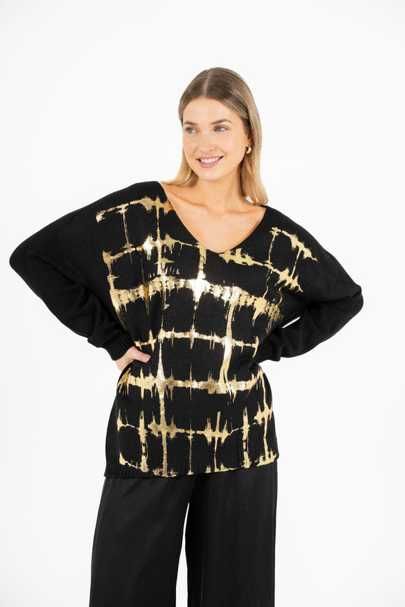 V-Neckline Sweater With Set-In Long Sleeves And Gold Foil Detailing