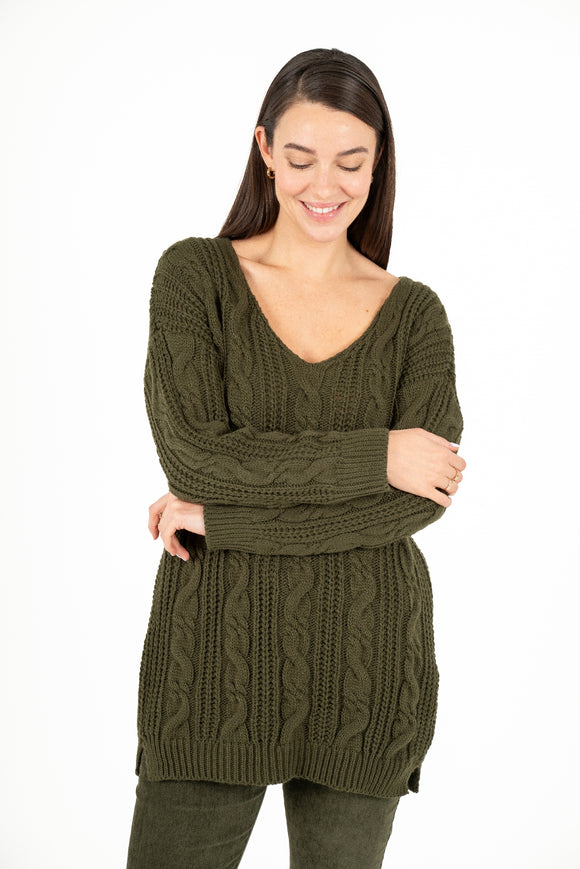 Cable-Knit Sweater With V-Neckline And Side Slits