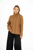 Cable-Knit Tunic Length Sweater With Turtle-Neck Collar