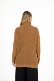 Cable-Knit Tunic Length Sweater With Turtle-Neck Collar