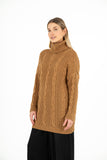 Cable-Knit Tunic Length Sweater With Turtle-Neck Collar