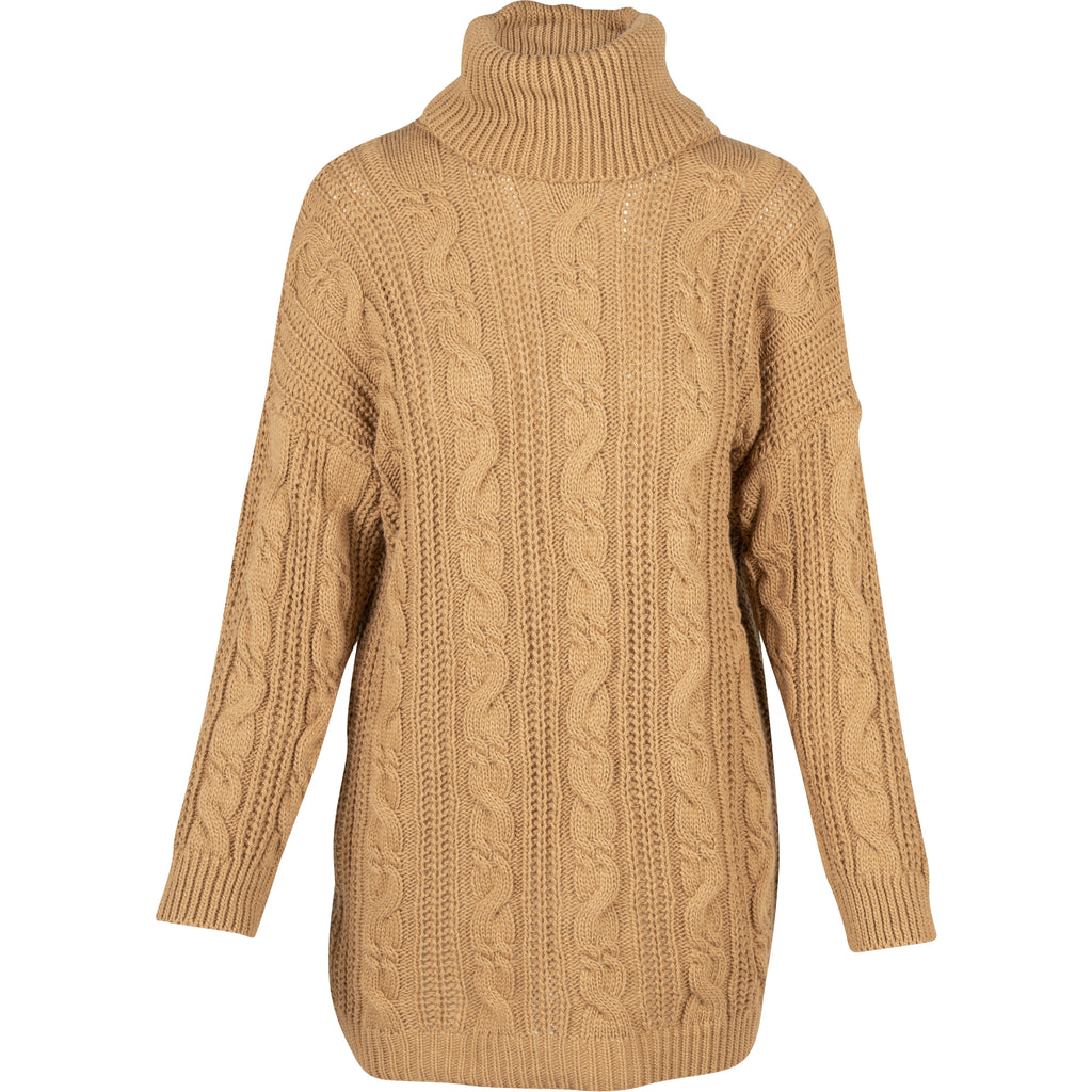 Cable-Knit Tunic Length Sweater With Turtle-Neck Collar