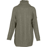 Cable-Knit Tunic Length Sweater With Turtle-Neck Collar