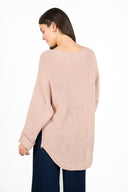 Knit Boat-Neck Sweater With Curved Hi/Low Hemline